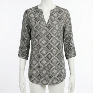 Cato Black White Geometric Print Split Neck Roll Tab Sleeve Tunic Blouse Top XS